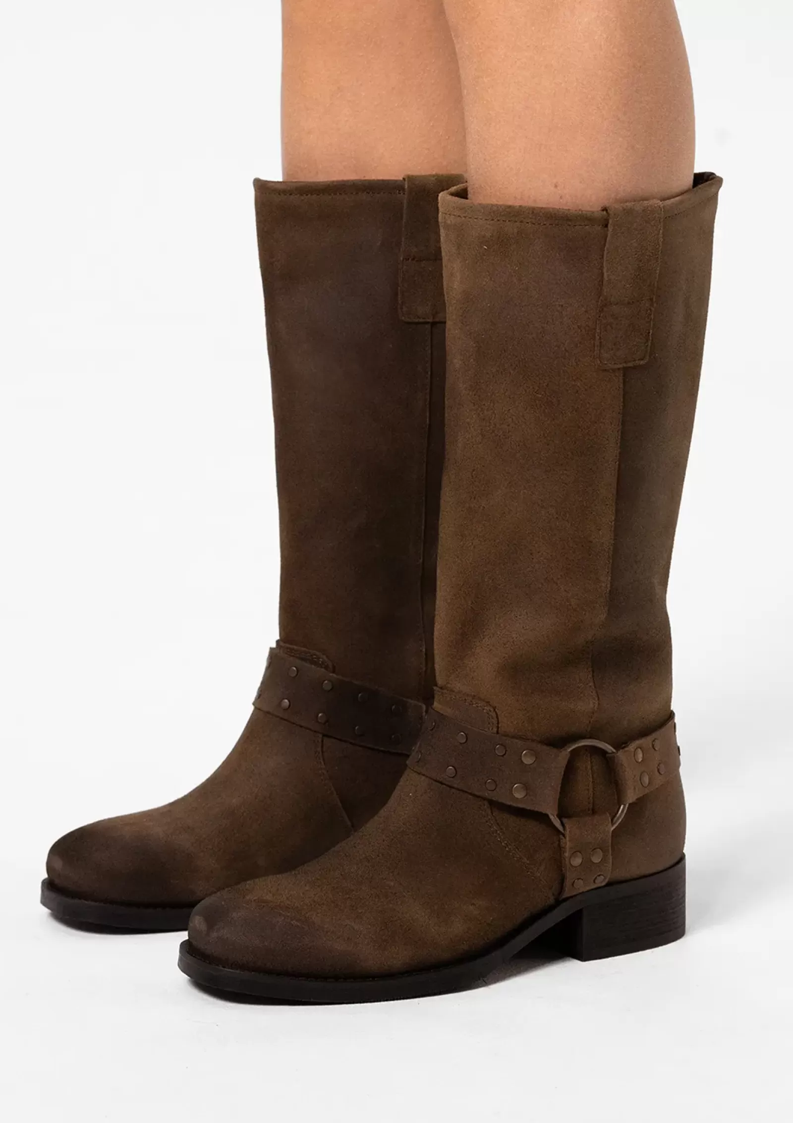 Femmes Sacha Bottines<Bottes Motardes Hautes En Cuir - Marron Fonce