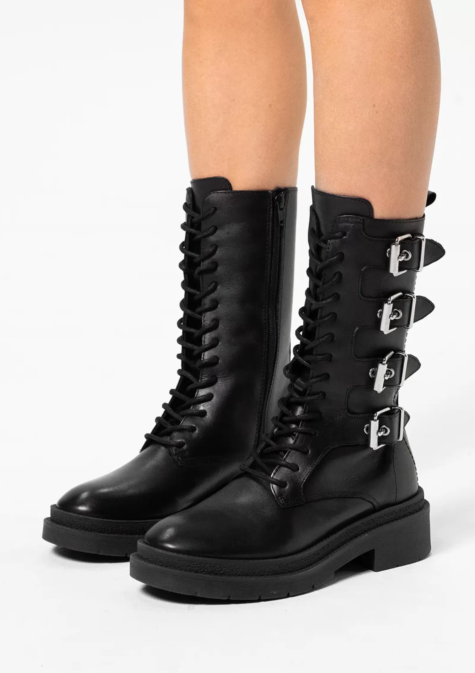 Femmes Sacha Bottines<Bottines A Lacets En Cuir Avec Boucles - Noir