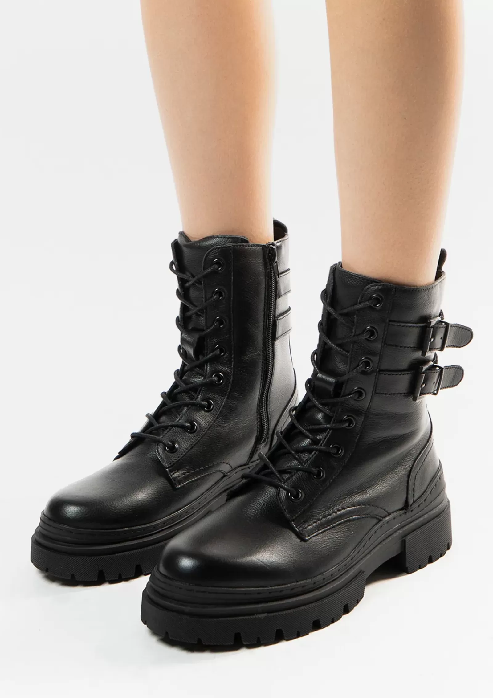 Femmes Sacha Bottines<Bottines A Lacets En Cuir Avec Boucles - Noir