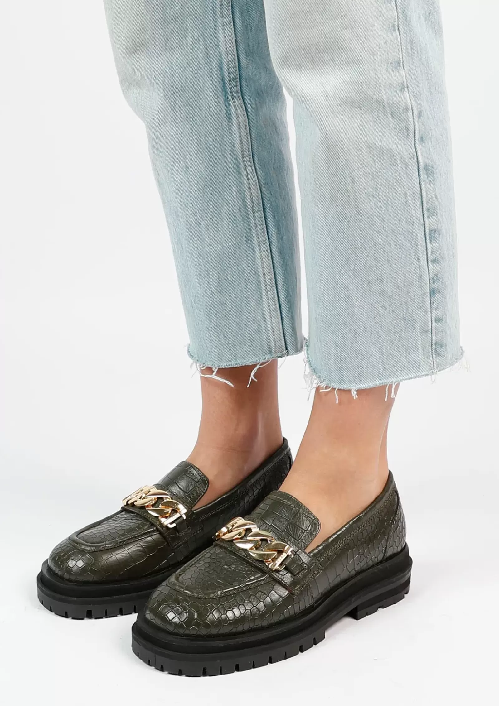 Femmes Sacha Mocassins<Loafers En Cuir Avec Chaine - Vert Fonce