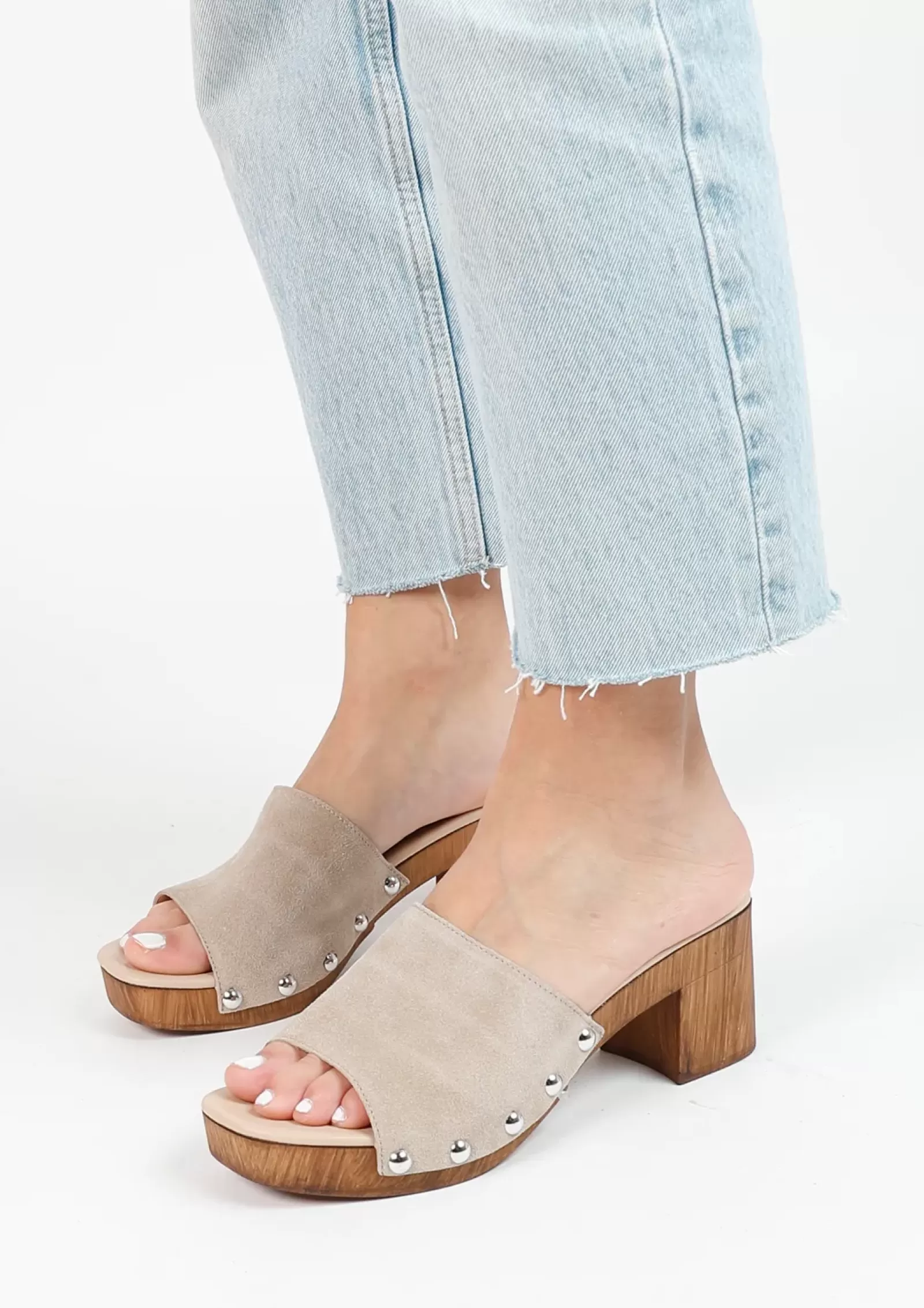 Femmes Sacha Sandales<Mules En Daim Avec Talon En Bois - Beige