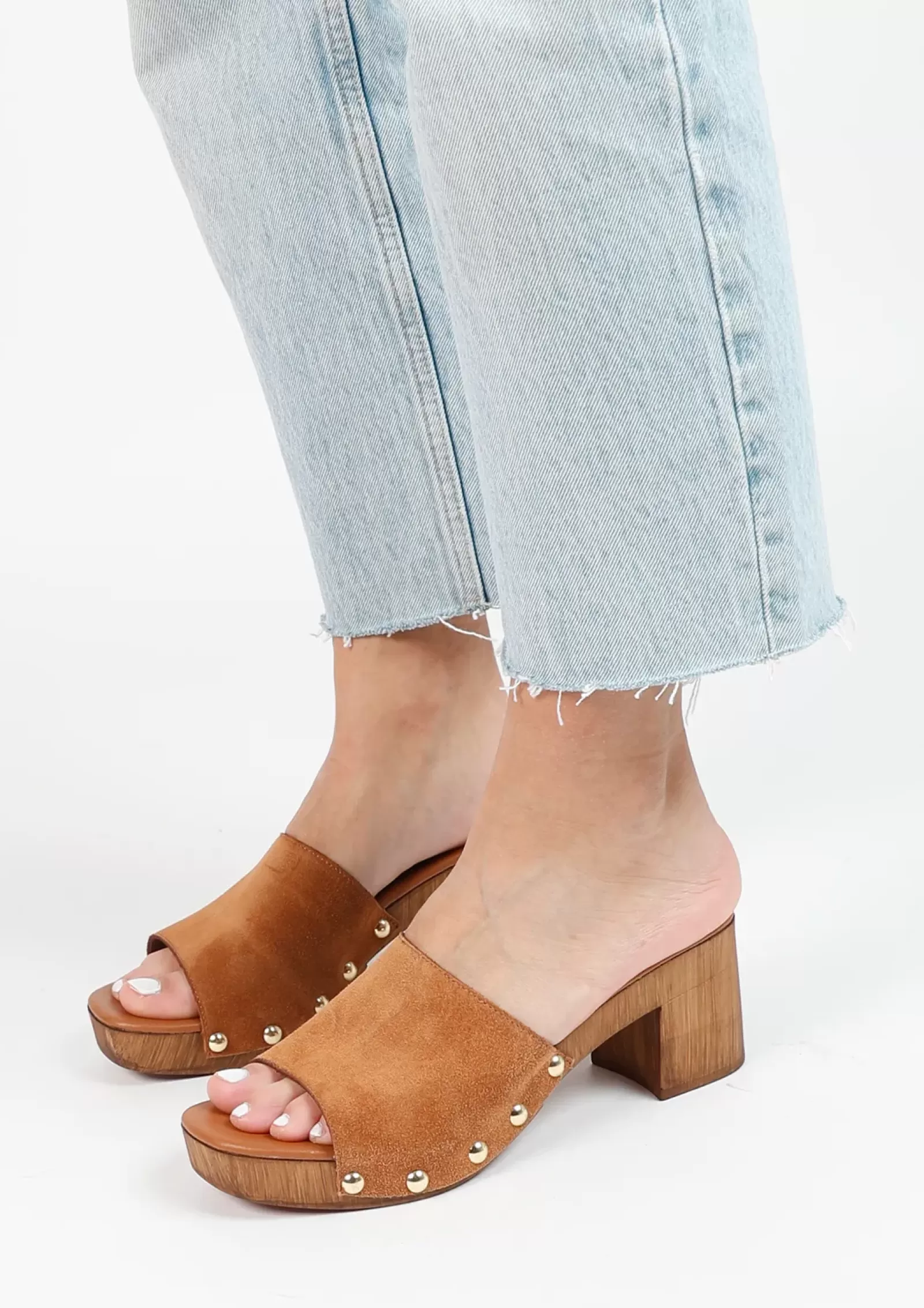 Femmes Sacha Sandales<Mules En Daim Avec Talon En Bois - Marron